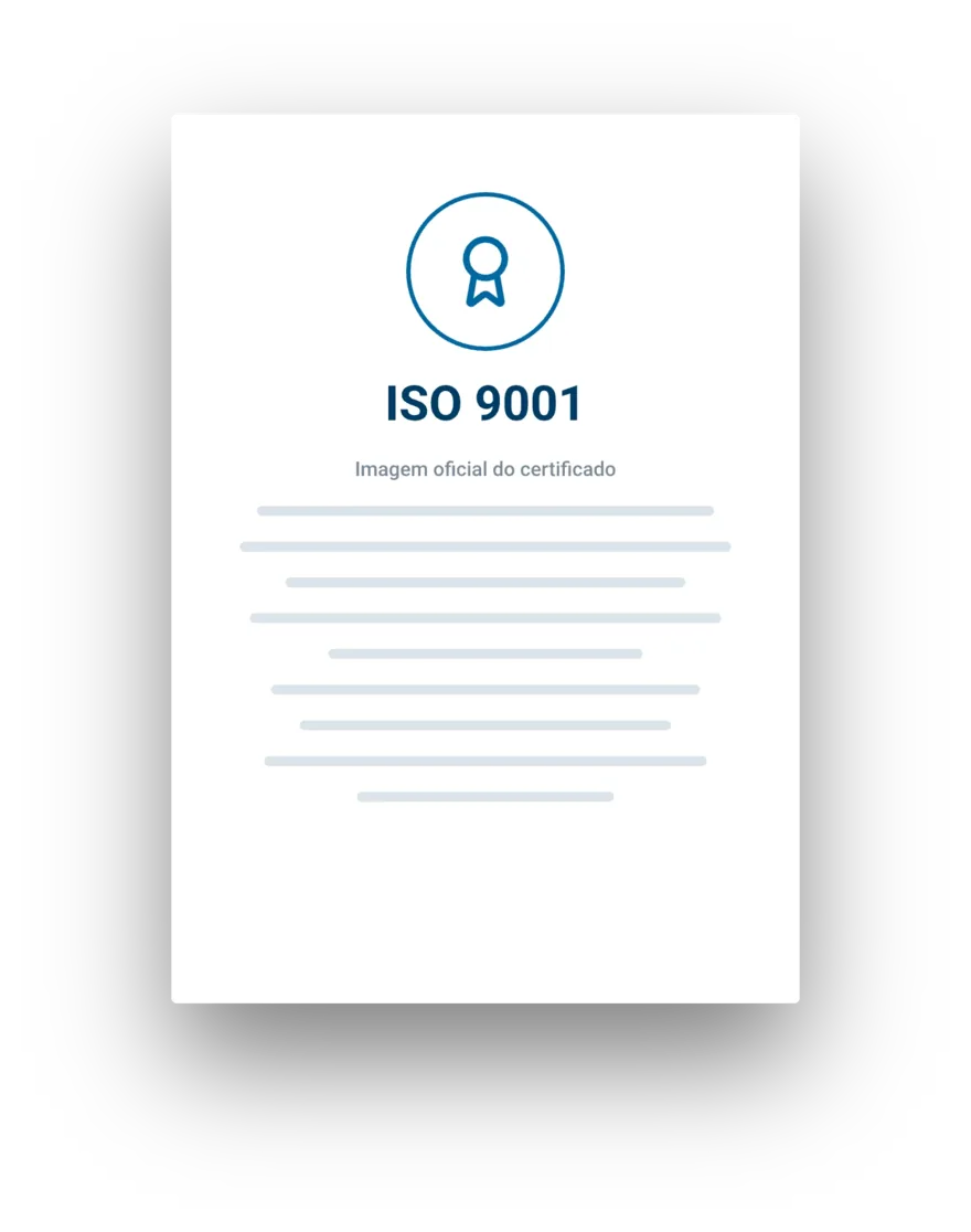 Ilustração do certificado ISO 9001; documento oficial pendente